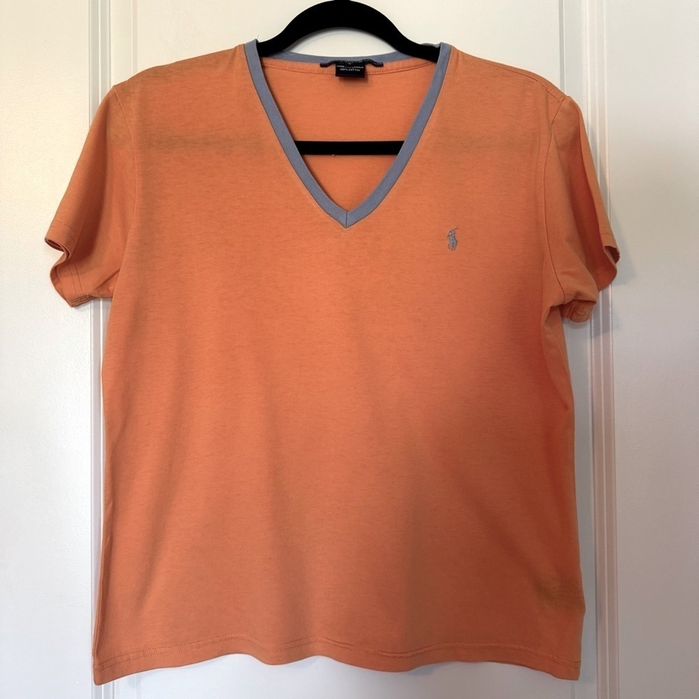 Ralph Lauren Sport Vintage Y2K Orange V Neck Large T-Shirt with Blue Trim